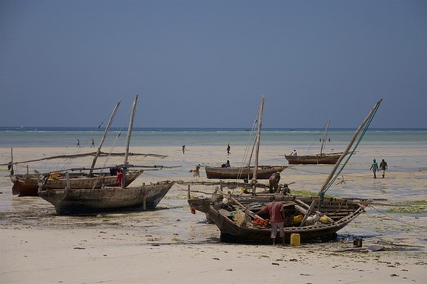 An image containing boats and people walking on the Indian Ocean beach in Zanzibar, where Swahili is the primary language.